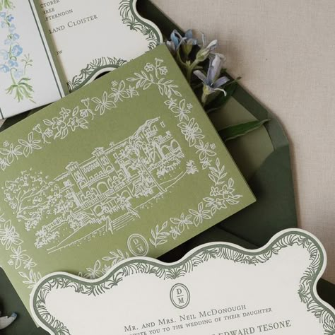 Diane Holdsambeck / My Lady Dye on Instagram: "D+M's custom wedding invitation suite from their Sea Island, GA wedding this past October! Coastal resort vibes, masculine yet elegant, and all the greens. Featuring a die cut with letterpress invitation card with Palm tree leaf form border. White foiled venue illustration on a beautiful green details booklet filled with pages of watercolor paintings. Deep green envelope, green liner, sailboat stamps, and a touch of blue with a delphinium floral belly band 💖💚🤍🩵  The Couple: @darcykmcd @mtesone Wedding Weekend Planning + Design @alwaysyoursevents Photography @kristinaadamsphoto Videography: @huxley_film The Always Yours Team: @ericakate71 @jackie_alwaysyoursevents @nattyice81 @onawhim81 Venue, Catering and Cake: @seaisland @katrinaemanuelsi Palm Tree Wedding Invitations, Sea Island Wedding, Wedding Stationary Design, Floral Wedding Cake, 2025 Wedding, Green Wedding Invitations, Letterpress Invitations, Wedding Invitation Envelopes, Garden Party Wedding