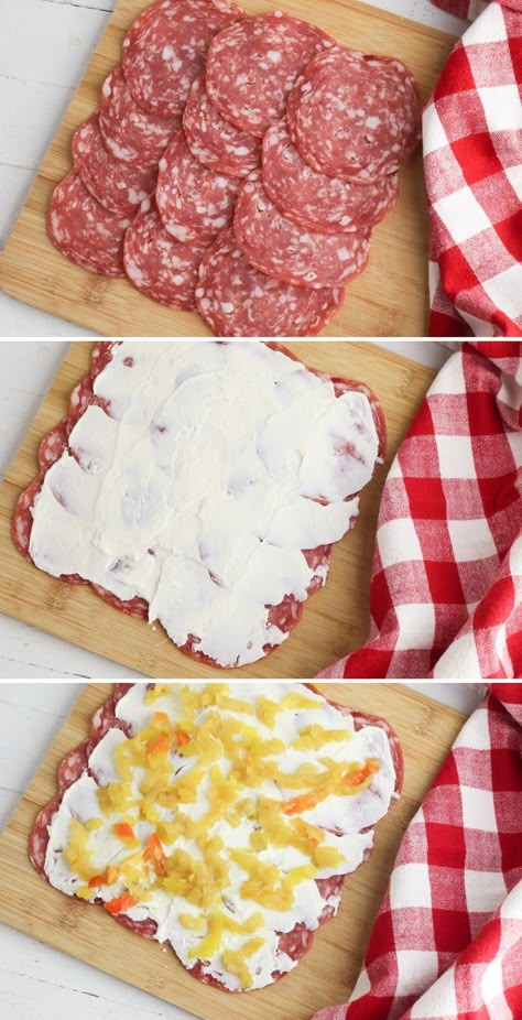 Salami Roll Ups Recipe - DINE DREAM DISCOVER Salami Boursin Roll Ups, Salami Pinwheels, Salami Roll Ups, Salami Rolls, Salami Recipes, Cream Cheese Roll Up, Biscuits Recipes, Recipes By Ingredients, Cream Cheese Rolls