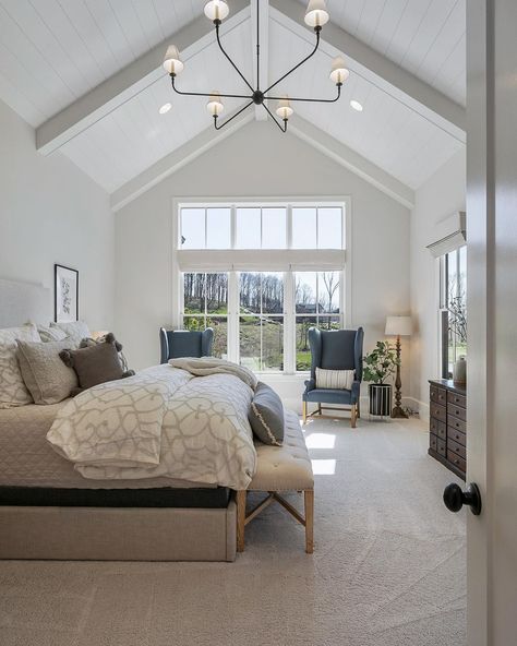 30 Beautiful And Elegant Cathedral Ceiling Ideas Beadboard Cathedral Ceiling, Molding For Vaulted Ceilings, Peaked Ceiling Bedroom Master Suite, Vaulted Ceiling Exterior, Pitched Bedroom Ceiling, Tray Ceiling Accent Ideas, Cathedral Ceiling Master Suite, Gable End Window Ideas, Crown Molding Cathedral Ceiling