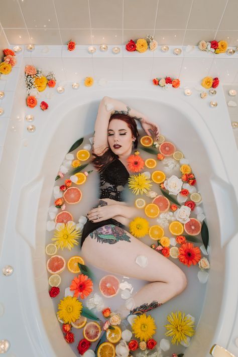 Fine Art Boudoir + Milk Bath Photography by Kirstie Dunston / Kitty Noir Boudoir, Central Kentucky | Tattooed Model | Citrus Flower Bath | Black Lace Bourdier Photoshoot Poses, Milk Bath Photos, Central Kentucky, Bathtub Photography, Milk Bath Photography, Gothic Photography, Bath Photography, Anniversary Pictures, Flower Bath