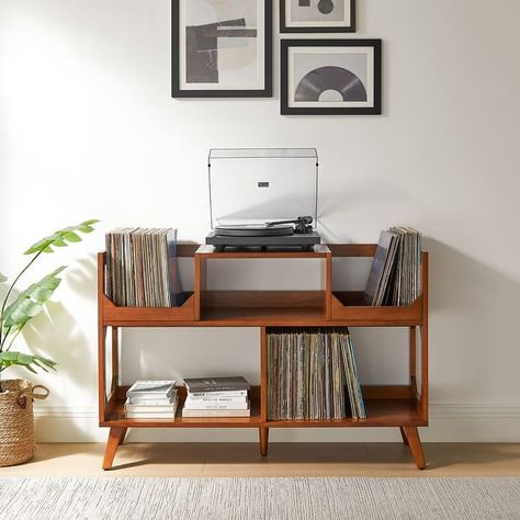 Asheville Large Record Storage Console - Bed Bath & Beyond - 41045310 Vinyl Records Storage Ideas, Mid Century Modern Media Console, Record Player Table, Apartment Boho, Modern Media Console, Studio Bedroom, Record Shelf, Record Player Stand, Vinyl Player