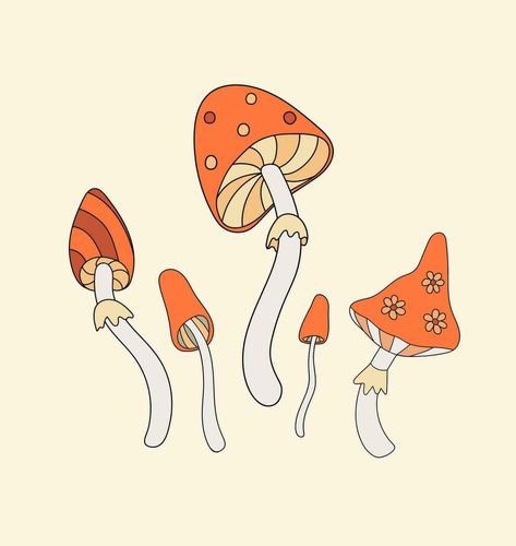 Set of retro hippie mushrooms flat vector illustration. Vintage autumn groovy vibe psychedelic elemenst in 70s and 80s style. 70s Mushroom, Retro Mushroom, Flat Vector Illustration, Vintage Autumn, 80s Style, Illustration Vintage, Flat Vector, Psych, 80s Fashion