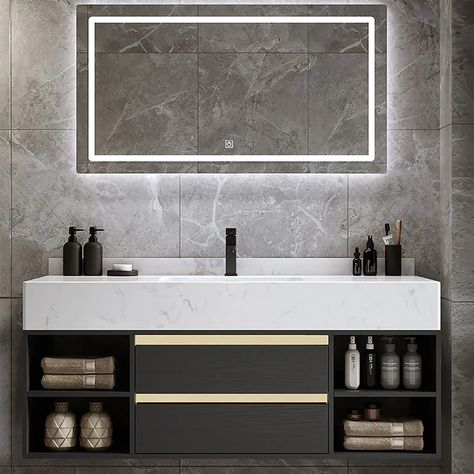 A fabulous addition to your bathroom. Hidden Storage behind doors and compartments provides ample storage space for toiletries and towels. The construction of premium plywood and marble ensure a long-lasting usage and look. Includes bathroom vanity cabinet, slate counter top sink, and mounting hardware for easy wall-mounted installation. Mirror is not included. Bathroom Sink Design, Black Vanity Bathroom, Floating Bathroom Vanities, Wall Mounted Bathroom Cabinets, Grey Bathroom Vanity, Bad Inspiration, Floating Bathroom Vanity, Vanity Design, Single Sink Vanity