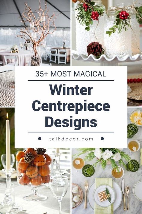 Low Winter Centerpieces, Winter Wedding Table Centerpieces Diy, Winter Center Piece Ideas, Winter Banquet Decorations, Winter Centerpieces For Table Wedding, Winter Flower Arrangements Centerpieces, January Centerpiece Ideas, Low Table Centerpiece, January Centerpieces