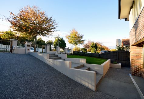 Home Entry Way, Sloped Front Yard, Garden Entry, Landscaping A Slope, Urban Garden Design, Concrete Retaining Walls, Sloped Yard, Contemporary Garden Design, Modern Front Yard