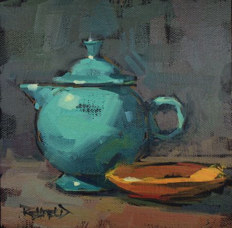 This is really my favorite teapot! I was really working to get the feeling of that round fiestaware teapot in this painting.   The turquois... Acrylic Painting Lessons, Gouache Art, Still Life Oil Painting, Paintings Art, Daily Painting, Painting Still Life, Still Life Art, Pastel Art, Still Life Painting