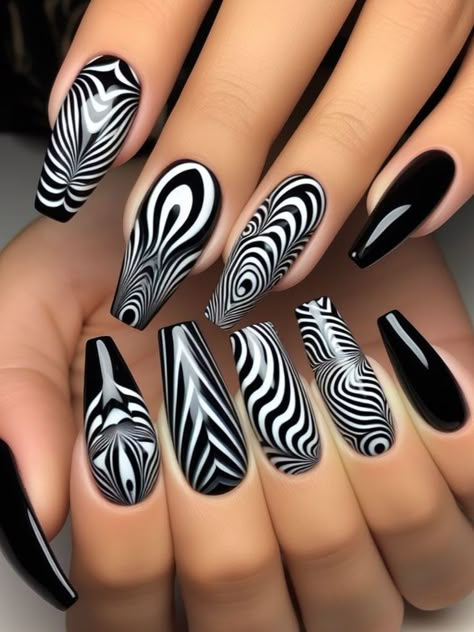 A bold black and white nail design inspired by optical illusions, with mesmerizing patterns that play tricks on the eyes. Illusion Nail Art, Optical Illusion Nails, White Spring Nails, Illusion Nails, Black And White Nail Design, Crazy Nail Art Designs, Parker Core, White Nail Design, Black And White Nail Designs