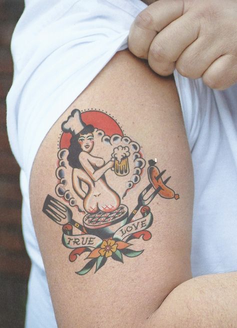 This is a tattoo I would like. Recipe Tattoo Ideas, Chef Pinup Tattoo, Old School Chef Tattoo, Bbq Tattoo Ideas, Burrito Tattoo, Grill Tattoo, Bbq Tattoo, Breakfast Tattoo, Control Tattoo