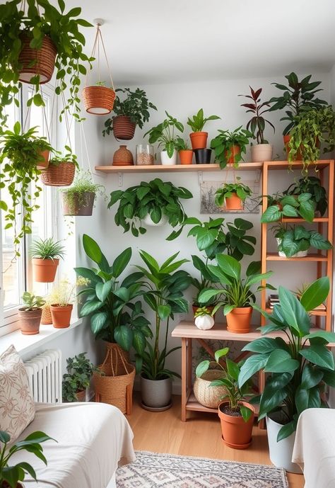 14 Delightful Studio Apartment Inspirations That Will Make You Feel at Home Decorate With Plants, Home With Plants, Space House, Hanging Greenery, Boho Living Room Ideas, Living Room Transformation, Wicker Pendant Light, Indoor Oasis, Plant Styling