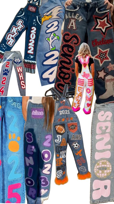 Overalls Spirit Week, Senior Painted Jeans, Senior Year Planning, Senior Pants, Senior Year Diy, Senior Year Things, Senior Jeans, Homecoming Spirit Week, Senior Year Fun