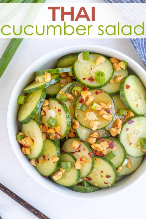 This cucumber salad with crunchy peanuts in a sweet, tangy and spicy Thai-inspired dressing is full of bold, vibrant flavors. An easy 10-minute side dish! Dip Board, Thai Cucumber, Thai Cucumber Salad, Vegan Pastry, Peanut Salad, Asian Cucumber Salad, Potluck Ideas, Thai Foods, Cucumber Tomato Salad