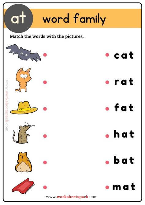 Free At Word Family Matching Sheets - Printable and Online Worksheets Pack At Family Words Worksheet, Cvc Words Worksheets Free Printable, Ukg Worksheets English, At Family Words, Ukg Worksheet, Word Families Free, Word Family Activity, At Word Family, Phonics Cvc Words