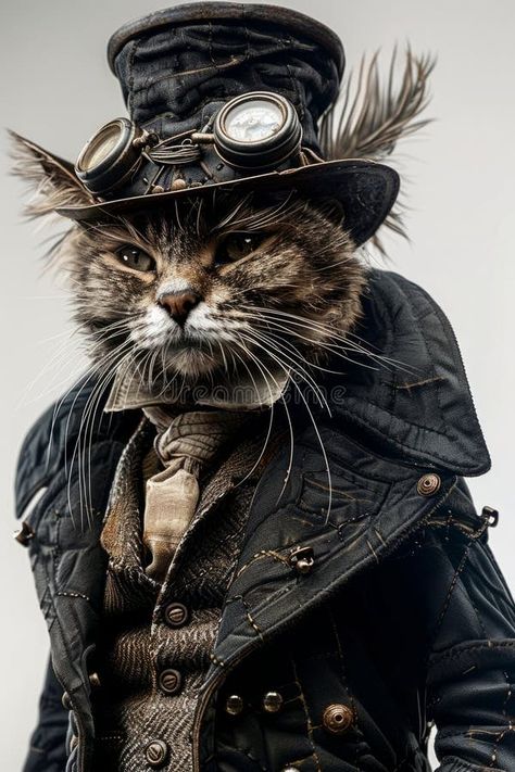 Steampunk Cat in Goggles and Vintage Attire Portrait stock photos Vintage Attire, Steampunk Cat, Vector Poster, Steampunk Design, Cat Costumes, Cat Art, Goggles, Photo Image, Stock Images