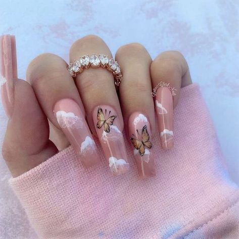 Follow me for more 💕 Butterfly Designs, Long Acrylic Nail Designs, Baddie Nails, Edgy Nails, Cute Acrylic Nail Designs, Her Nails, Long Acrylic Nails Coffin, White Nail, Bling Acrylic Nails