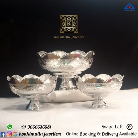 #KJ_S108 Net Weight: up to 50 grams Item: Silver Bowls Fb, Insta, Pinterest: @konkimalla.jewellers Prasadam Silver Bowls, Silver Bowls For Pooja, Floral Blouse Designs, Miami Mansion, Pooja Decor, Pooja Decoration, Wedding Jewelry Sets Bridal Jewellery, Silver Lamp, Pooja Items