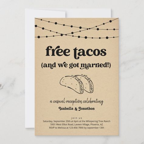 Free Tacos (and we got married!).  Enjoy a fun wedding reception invitation that puts the spotlight on... tacos!  Artwork is hand drawn.  Coordinating items are available in the 'Taco Wedding' Collection within my store. Taco Themed Wedding Reception, We Got Hitched Reception Invitations, Already Married Reception Ideas, Engagement Party Ideas Taco Theme, Post Elopement Party Decor, We Got Married Party, Wedding Reception Must Haves, Reception Only Wedding Ideas, Casual Reception Ideas