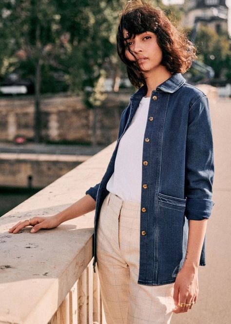 Sezane Will Jacket Sezane Will Jacket, Tomboy Shirts, Denim Patchwork, Oversized Jacket, Striped Fabrics, Parisian Style, Winter Coat, Blue Stripes, Blue Denim