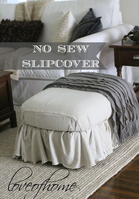 No-Sew Ottoman Slipcover Using Painter's Drop Cloth No Sew Ottoman Slipcover, No Sew Slipcover Chair, Diy Ottoman Slipcover, Drop Cloth Slipcover No Sew, No Sew Ottoman Cover, Diy Ottoman Cover, No Sew Slipcover, Drop Cloth Slipcover, Painters Cloth