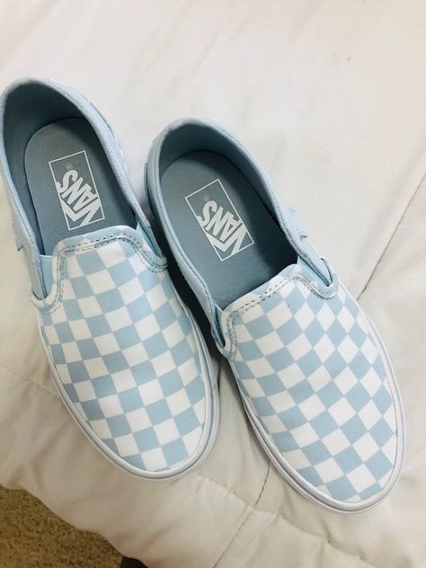 Blue Checkered Vans Outfit, Blue Vans Aesthetic, Light Blue Checkered Vans, Checkered Vans Outfit, Checkerboard Vans Aesthetic, White Checkerboard Vans, Blue Quinceanera Theme, Blue Slip-on Vans Sneakers, Light Blue Shoes