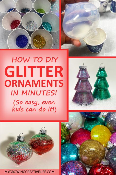 Glitter Ornaments: Create Easy Beautiful Custom Ornaments - My Growing Creative Life Dyi Christmas Ornaments, Diy Glitter Ornaments, Crafts Christmas Ideas, Christmas Glitter Ornaments, Craft To Sell, Christmas Kids Crafts, Christmas Picture Ideas, Glitter Ornaments Diy, How To Make Glitter