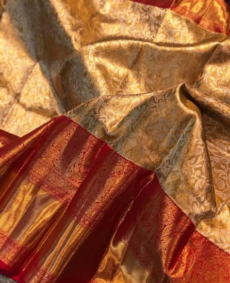 Golden Kanchipuram Silk Saree Bridal, Pelli Sarees Indian Weddings, Golden Pattu Saree, Gold Colour Saree, Golden Wedding Saree, Gold Pattu Saree, Thalambralu Saree, Wedding Sarees South Indian Latest, Golden Bridal Saree