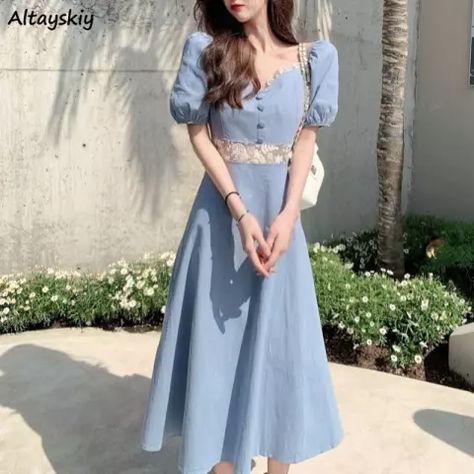 Square Neck Puff Sleeve Dress, Sky Blue Dress, Marine Uniform, French Luxury, Lace Dress Vintage, Lace Splicing, Puff Sleeve Dress, Lace Dress Long, Puff Sleeve Dresses