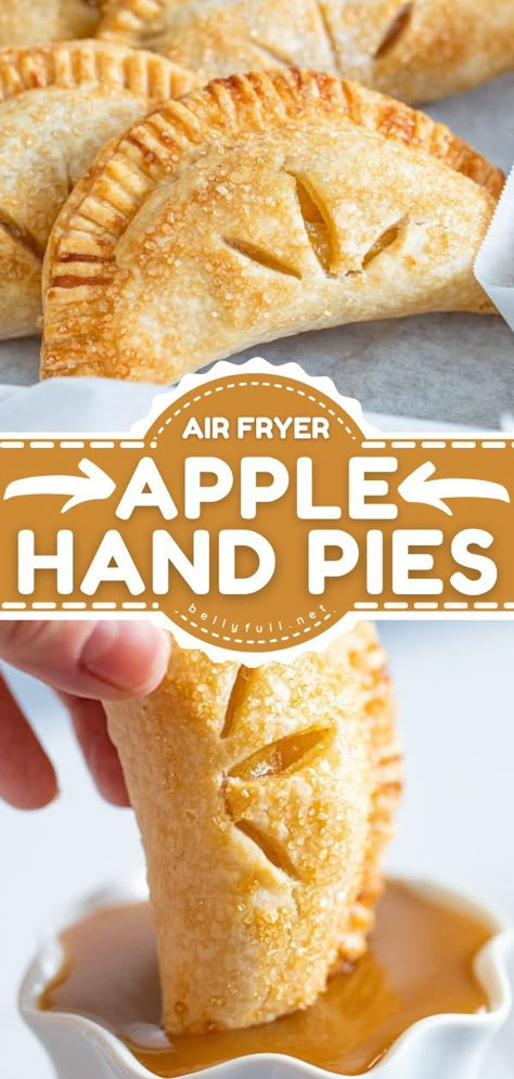 {Air Fryer} Apple Hand Pies, fall dessert ideas, pie Apple Hand Pie Recipe, Fun Fall Desserts, Air Fryer Recipes Dessert, Hand Pie Recipes, Apple Hand Pies, Hand Pie, Air Fryer Oven Recipes, Apple Pie Filling, Homemade Caramel Sauce