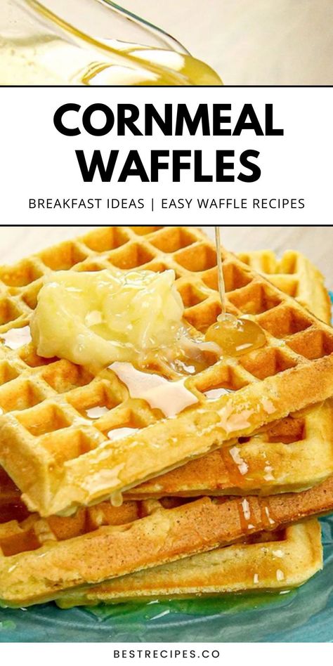 Enjoy these savory cornmeal waffles with a drizzle of maple syrup! Made with yellow cornmeal, milk, and eggs, this easy recipe makes the perfect breakfast or brunch. Ideal for anyone looking for quick breakfast ideas or a healthy food option. Save this recipe to your "Waffle Maker Recipes" or "Healthy Breakfast" board! Recipes With Corn Syrup, Waffle Recipe Savory, Cornmeal Waffles Recipe, Corn Waffle Recipe, Maple Waffles, Homemade Waffle Recipe, Cornmeal Waffles, Making Waffles, Cornmeal Recipes