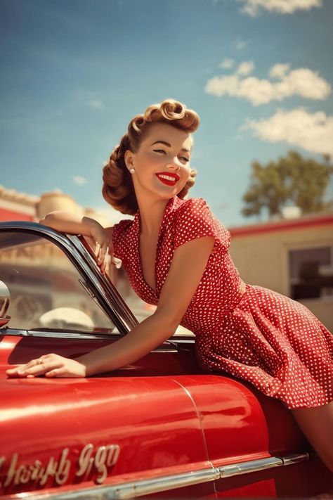 1950s pin-up woman lounging on a candy red convertible by Jure Salej - Playground Woman Lounging, Goddess Photography, Red Convertible, 1950s Pin Up, Pin Up Poses, Pin Up Photos, Candy Red, Bettie Page, Red Candy