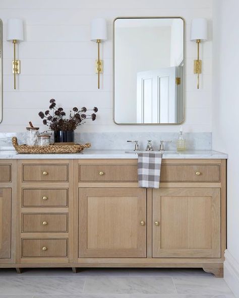 Built In Bathroom Vanity, Oak Vanity Bathroom, Reeded Vanity, Room Vanity Ideas, Oak Bathroom Vanity, Master Bath Vanity, Guest Bathroom Remodel, Custom Bathroom Vanity, Master Bath Remodel