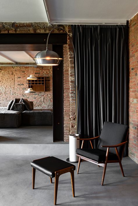 A Tuscan stable is reborn as an industrial loft with a secret swimming pool Black Curtains Living Room Ideas, Black Curtains Living Room, Loft Curtains, Curtains Living Room Ideas, Lounge Library, San Miniato, Masonry Work, Curtains And Blinds, Nordic Scandinavian