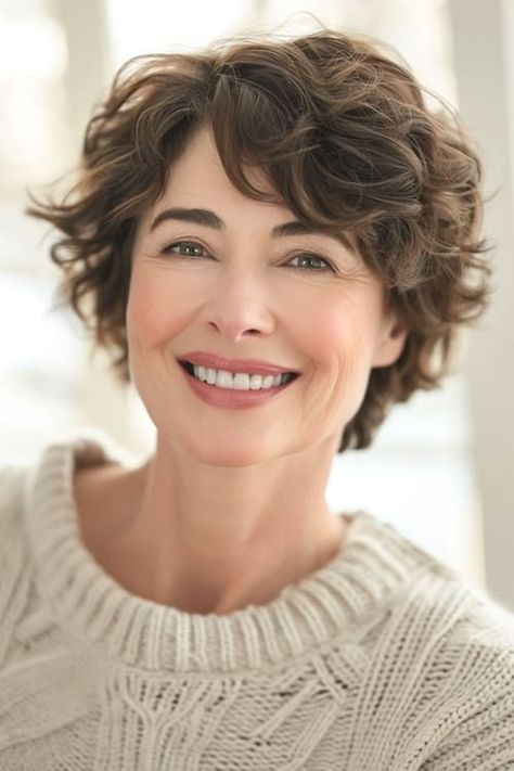 Short Hairstyles Thick Wavy Hair, Not Too Short Haircuts, Short Hair With Bangs Over 50, Very Short Wavy Hairstyles For Women, Curly Bobs Haircuts, Pixie For Curly Hair Over 50, Layered Bob For Curly Hair, Short Hair Curly Bangs, Short Hair Over 60 Older Women New Looks Curly Hairstyle