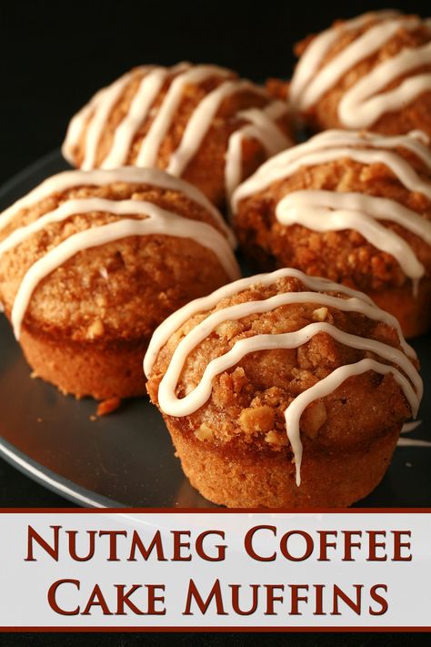 Nutmeg Coffee Cake Muffins Nutmeg Muffin Recipes, Nutmeg Muffins, Nutmeg Cake Recipe, Coffeecake Muffins, Cinnamon Coffee Cake Muffins, Nutmeg Cake, Coffee And Walnut Cake, Walnut Muffins, Cinnamon Coffee Cake