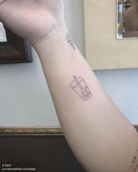 Single needle boba tea tattoo. Boba Tea Tattoo, Bubble Tea Tattoo, Boba Tattoo, Tea Tattoo, Matching Friend Tattoos, Coffee Tattoos, 1 To 100, Disney Tattoo, Time Tattoos