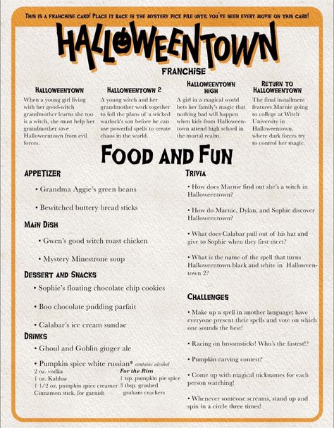 Halloween Town Party Ideas, Halloween Themed Food Movie Nights, Halloween Town Movie Night Food, Halloween Town Dinner And Movie, Halloweentown Movie Night Food, Halloween Movies And Dinner, Halloween Movie Menu Ideas, Halloweentown Movie Night, Halloween Movie Night Food