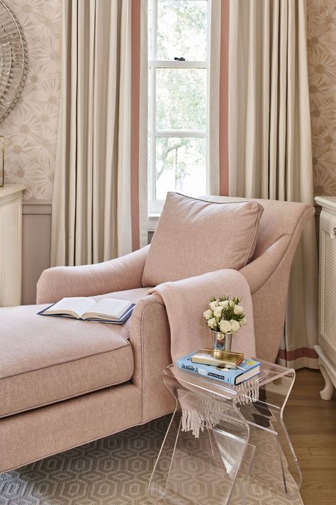 image Ashley Gilbreath Interiors, Ashley Gilbreath, Pink Office Chair, Lounge Chair Bedroom, Pink Bedroom For Girls, Sitting Chair, Chaise Lounges, Southern Home, Bedroom Chair