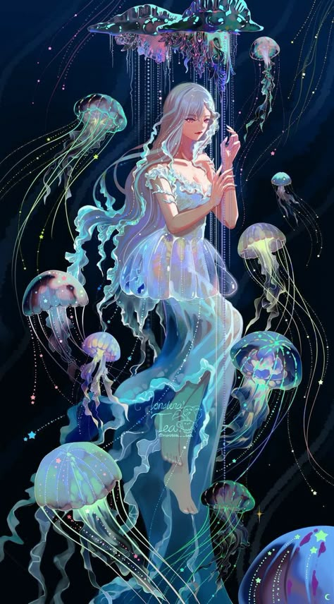 Medusa Animal, Drawing Jellyfish, Mermaid Anime, Jellyfish Art, Jelly Fish, Mermaid Art, Dreamy Art, 판타지 아트, Digital Art Girl