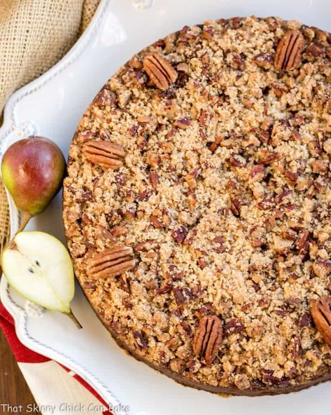 Pear Streusel Coffee Cake | A moist, tender, crumb topped coffee cake that's perfect for company! Pear Coffee Cake Recipe, Pear Coffee Cake, Streusel Cake, Pecan Topping, Streusel Coffee Cake, Crunchy Pecans, Decadent Cakes, Crumb Topping, Breakfast Time