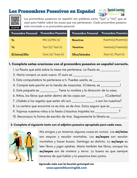 Possessive Pronouns in Spanish - PDF Worksheet - SpanishLearningLab Spanish Possessive Adjectives Worksheet, Spanish Possessive Pronouns, Possessive Adjectives Worksheets, Possessive Adjectives Spanish, Subject Pronouns And Possessive Adjectives, Spanish Exercises, Spanish Object Pronouns, Spanish Direct Object Pronouns, Demonstrative Pronouns