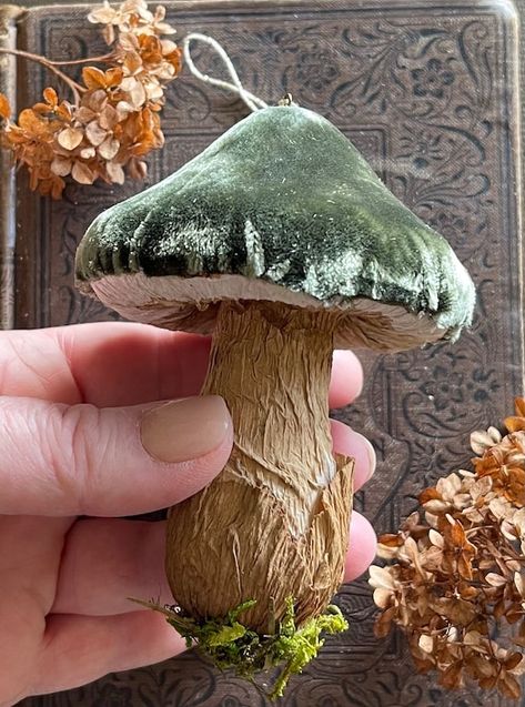 Velvet Mushrooms, Mushroom Fairy Garden, Cloche Display, Garden Cloche, Mushroom Crafts, Mushroom Fairy, Mini Ornaments, Mushroom Decor, Holiday Sparkle