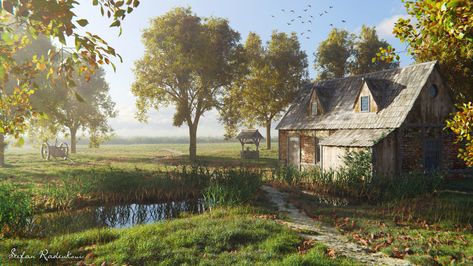 ArtStation - Medieval Farmhouse, Stefan Radenkovic Medieval Farmhouse, Medieval Farm, Medieval Cottage, Morning Autumn, Abandoned Farmhouse, Apocalypse Aesthetic, Old Abandoned Houses, Medieval Village, Fantasy Places