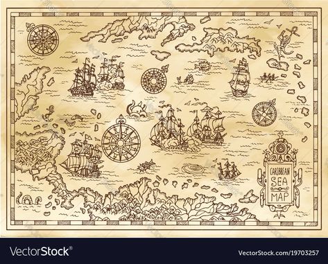 Ancient pirate map of the caribbean sea ... Old Transportation, Pirate Map, Sea Map, Pirate Treasure Maps, Pirate Adventure, Art Couple, Vintage Background, Ancient Maps, Hand Drawn Vector Illustrations