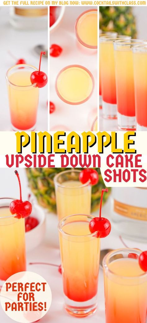 Pineapple Upside Down Cake Shot Recipe Pineapple Upside Down Cake Shot Recipe, Pineapple Upside Down Cake Shot, Pineapple Shots, Easy Shot Recipes, Fruity Shots, Delicious Shots, Shots Alcohol Recipes, Cake Shot, Fruity Cocktail Recipes