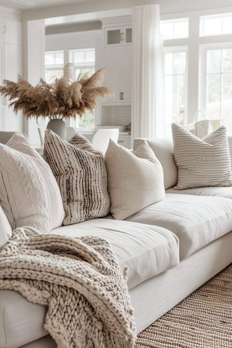 Neutral Interior Aesthetic, Home Decor Ideas Living Room Apartment Neutral Colors, Modern Organic Sofa, Living Rooms With Beige Couches, Cream Sectional Living Room, White And Tan Living Room, Oatmeal Couch Living Rooms, Small Neutral Living Room, White Neutral Living Room