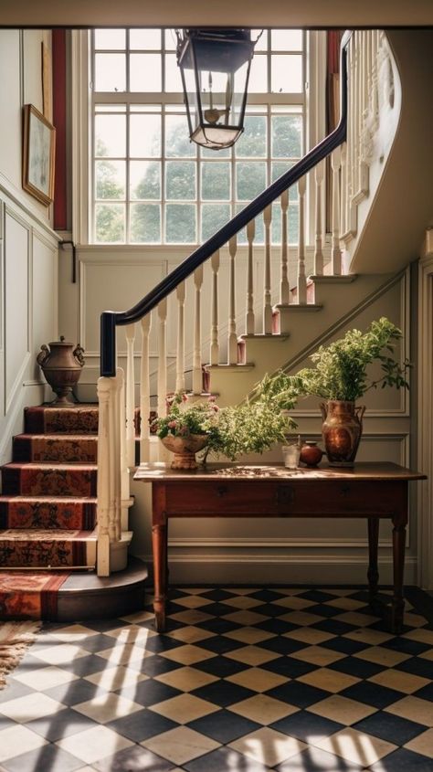 The Art of Simple Living 𝓫𝔂𝓜𝓮𝓰 ༄ Classical Home Interior Design, Tudor Entryway Foyers, Checkerboard Floor Hallway, Inside Tudor Homes, Tile Bedroom Floor Ideas, Victorian Home Entrance, Classic Home Aesthetic, Checked Tile Floor, Checkerboard Entryway