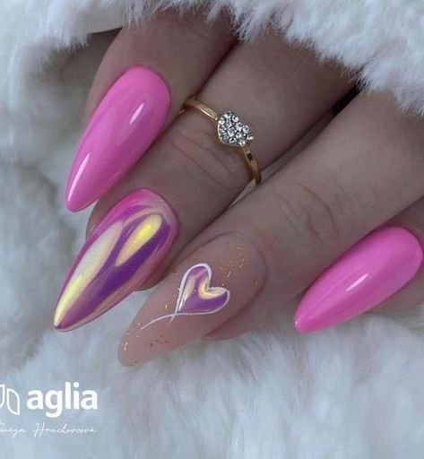 Barbie Pink Nails, Barbie Nails, Pink Acrylic Nails, Uñas Acrilicas, Holographic Nails, Dope Nails, Short Acrylic Nails, Valentine's Day Nails, Chrome Nails