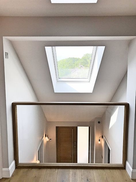 New Forest Drive | Brockenhurst | Redcurve Design Internal Balcony Ideas, Stair Balcony Ideas, Stairs With Skylight, Skylight In Hallway, Mezzanine Hallway, Skylight Hallway, Double Height Balcony, Vaulted Hallway, Double Height Hallway