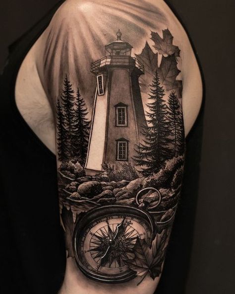 Nova Scotia Tattoo Ideas, Nova Scotia Tattoo, Name Cover Up Tattoos For Women, Lighthouse Tattoos, Hexagon Tattoo, Cover Up Tattoos For Women, Archangel Tattoo, Inner Bicep Tattoo, Half Sleeve Tattoos Drawings