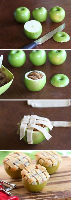 So trying this!! Mini apple pies with lattice crusts, baked inside apples. Ever see anything cuter than this? Apple Lattice Pie, Apple Pie Lattice, Lattice Pie, Weight Watcher Desserts, Dessert Aux Fruits, Apple Pies, Favorite Dessert, No Bake Pies, Thanksgiving Desserts