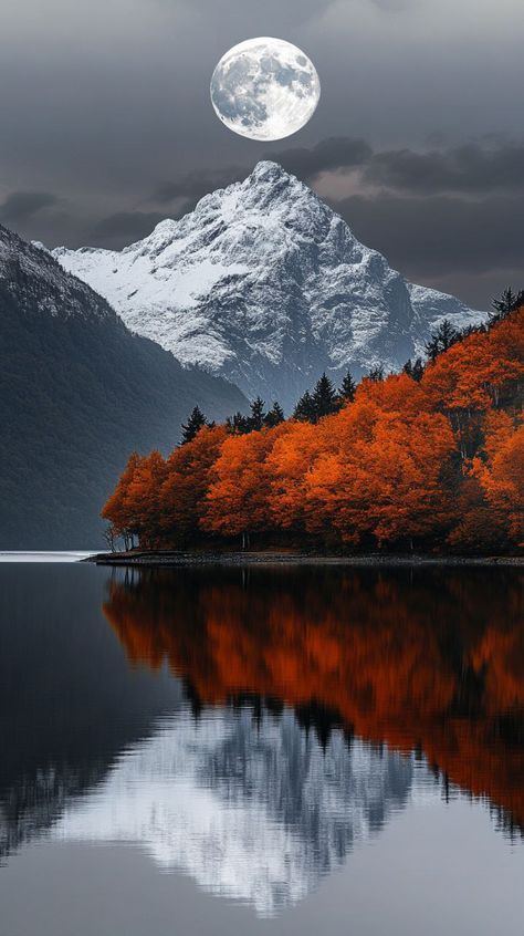 Prompt 👉a full moon rising over a mountain next to a lake, a matte painting, by irakli nadar, golden autumn, orange grey white, with snow on its peak, award - winning photo. ”, breath - taking beautiful trees, mobile wallpaper, norway mountains, new zealand, very very very beautiful scenery, white and orange 👉 if Like, please Follow and Share AI Graphics Studio 👇Contact on WhatsAPP: http://tiny.cc/aigraphicsstudio #aigraphicsstudio #AI #DigitalMarketing #digitalartist #digitalart #digital #... Creative Composition Painting, White Nature Wallpaper, Moon And Snow, Irakli Nadar, Moon And Mountains, Beautiful Scenery Paintings, Norway Mountains, I Phone 15 Pro, Beautiful Nature Images